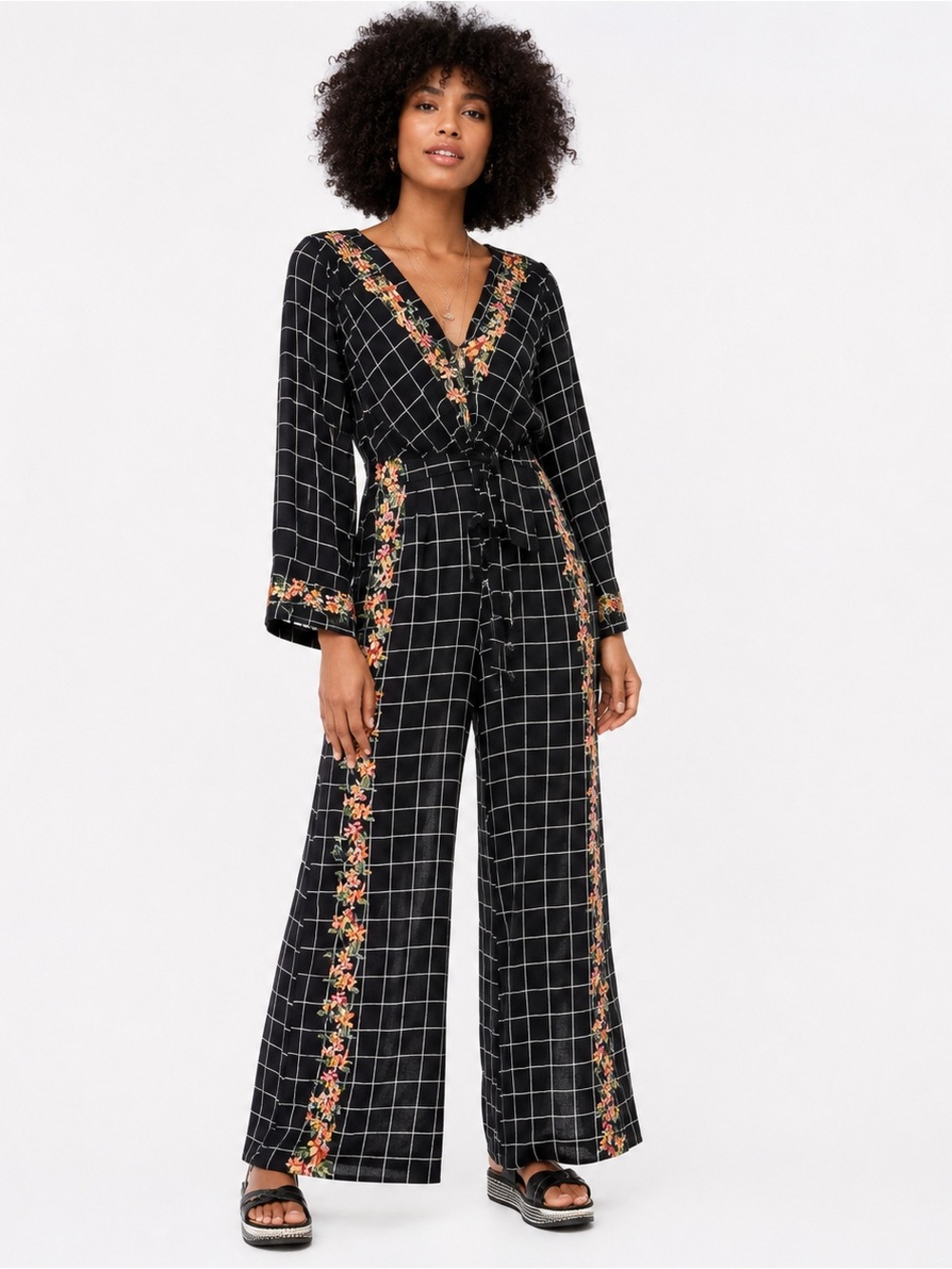 Farm Rio Black Floral Grid Wide Leg Jumpsuit Small Boho V-Neck